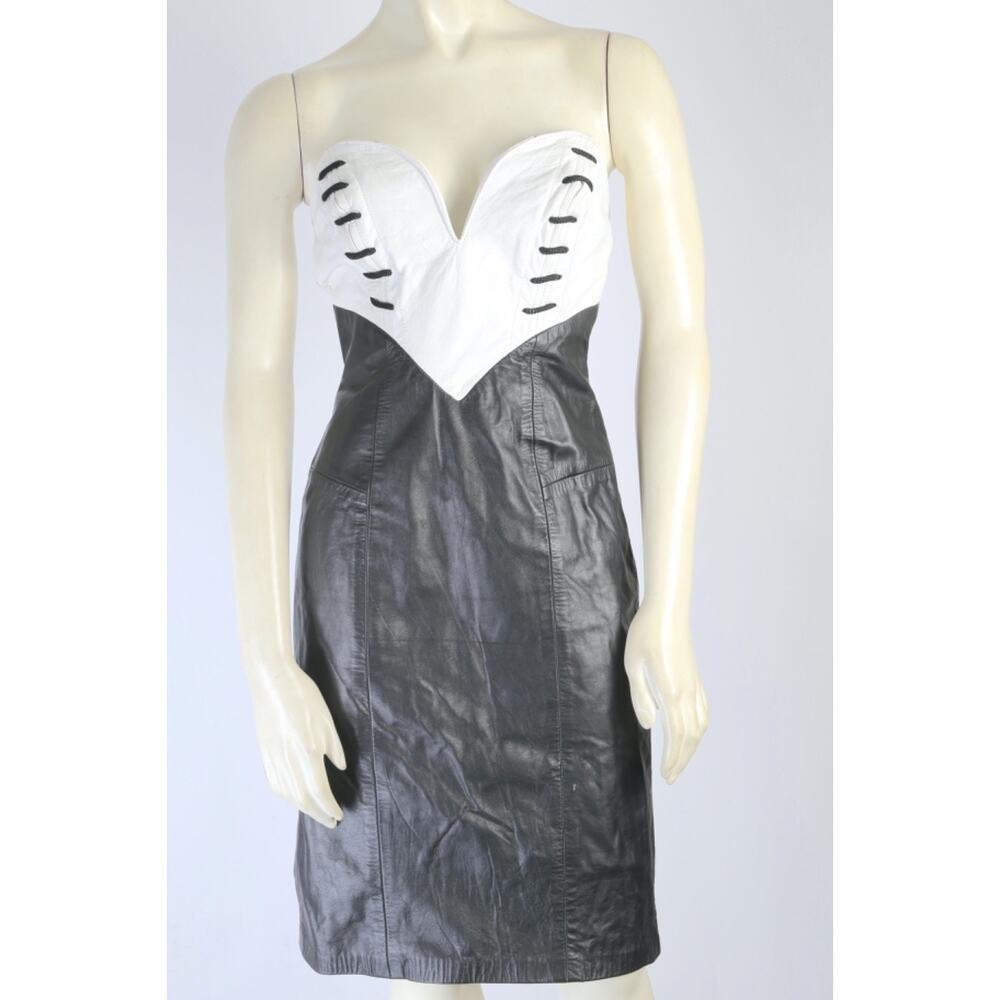 VTG Climax Karen Okada for David Howard Leather Dress Size XS B&W Strapless Mini